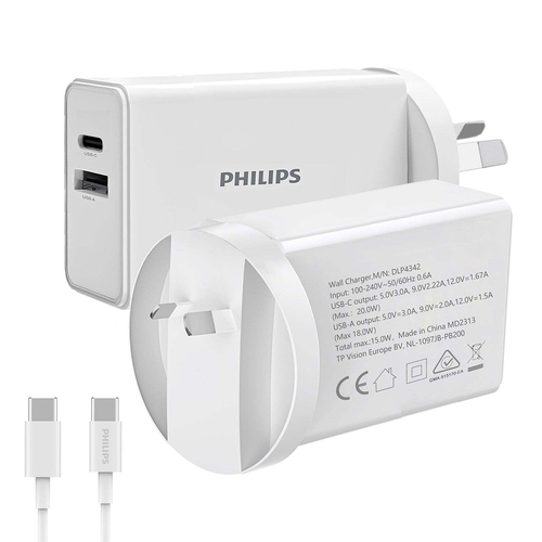 Philips 20W Wall Charger Adapter w/ USB-C to Type-C Cable For Samsung White