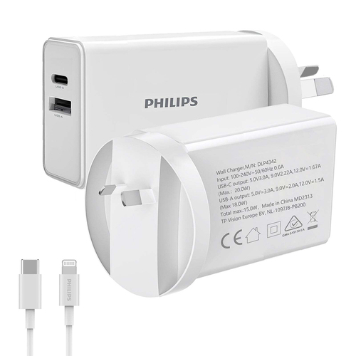 Philips 20W Wall Charger Adapter w/ USB-C to Mfi-Certified Lightning Cable For iPhone WHT