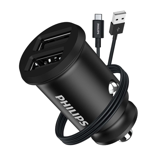 Philips Dual USB-A Port Car Charger w/ Type-C Cable - Black