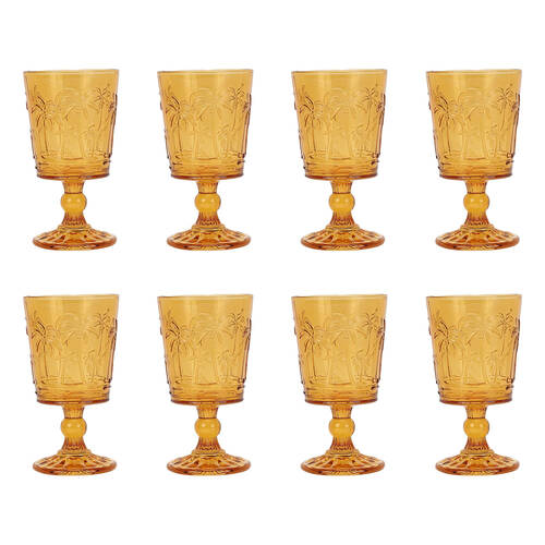 8pc Annabel Trends Goblet Glass Palm Tree Cup Set 16cm - Amber