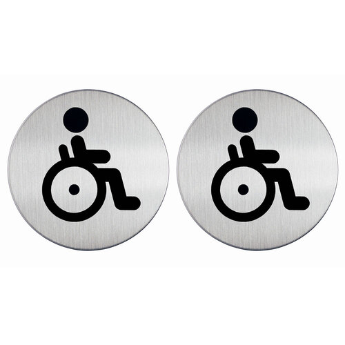 2x Durable 8.3cm Pictogram WC Handicapped Stainless Steel Sign - Silver