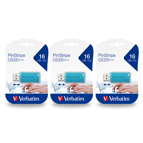 3x Verbatim Store'n'Go Pinstripe 16GB USB Drive - Caribbean Blue