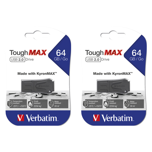 2x Verbatim ToughMAX USB 2.0 Drive 64GB Storage For Laptop/PC - Black