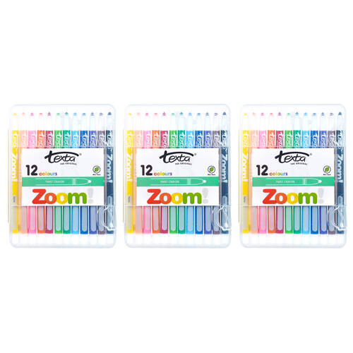 3x 12pc Texta Zoom Twist Crayons Hard Case Wallet