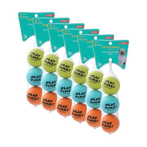 6x 3pc Paws and Claws Flexi-Bounce Ball 6cm Rubber Made Lightweight
