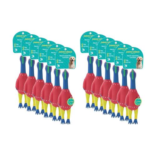 12PK Paws and Claws Vinyl Neon Squeaky Chicken 25x7x4cm Tough Rubber Assorted