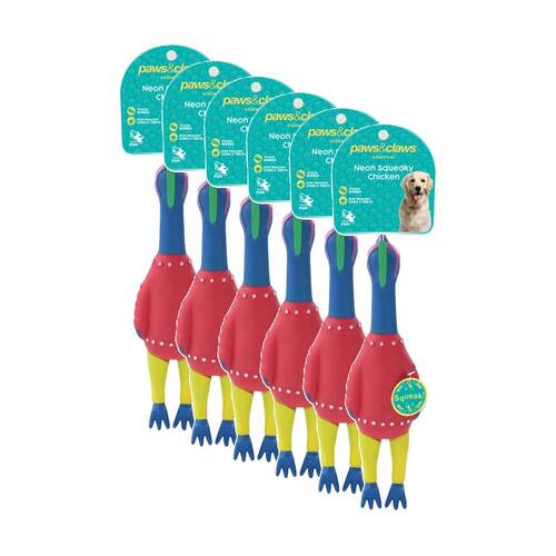 6PK Paws and Claws Vinyl Neon Squeaky Chicken 25x7x4cm Tough Rubber Assorted
