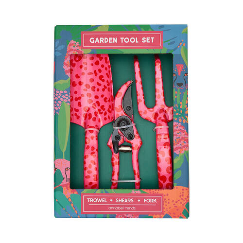 3pc Annabel Trends Garden Tool Trowel/Shears/Fork Set Cheetah Spot Pink