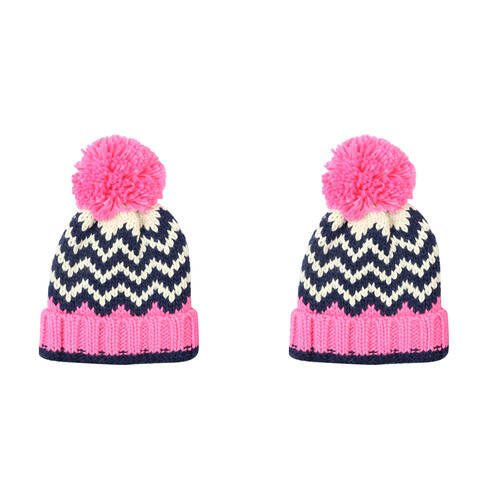 2PK Foote Street Chevron Beanie With Pom Pom For Kids M/L - Pink/Navy - 7Y-10Y