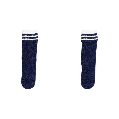 2PK Wicked Sista Slipper Socks Chenille Braid w/ Stripe One Size - Navy