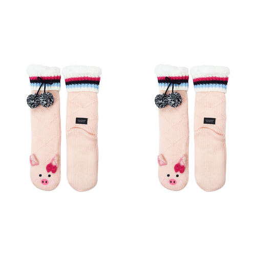 2PK Wicked Sista Animal Slipper Socks Pig One Size - Pink