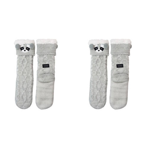 2PK Wicked Sista Animal Slipper Socks Raccoon Cuff One Size - Grey