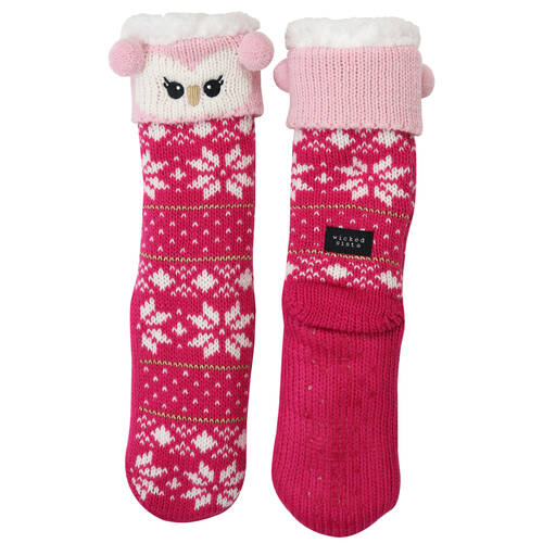 Wicked Sista Animal Slipper Socks Owl Cuff One Size - Pink