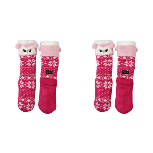 2PK Wicked Sista Animal Slipper Socks Owl Cuff One Size - Pink