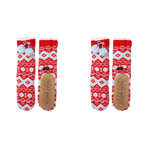2PK Wicked Sista Slipper Socks Diamond Nordic w/ Pom Poms One Size - Red