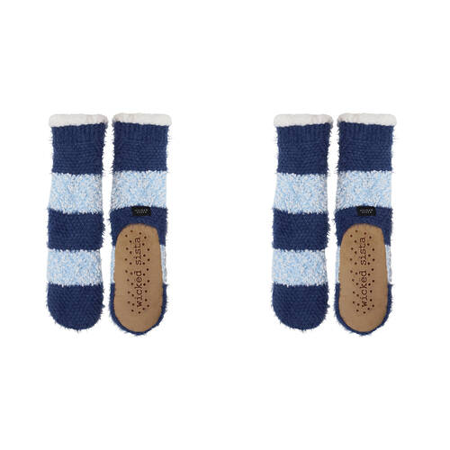 2PK Wicked Sista Slipper Socks Stripey Knit Non-Slip One Size - Blues