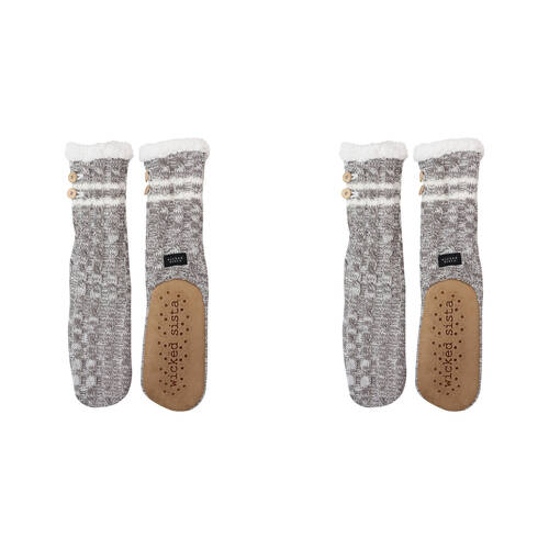 2PK Wicked Sista Slipper Socks Cable Knit Non-Slip One Size - Grey & White