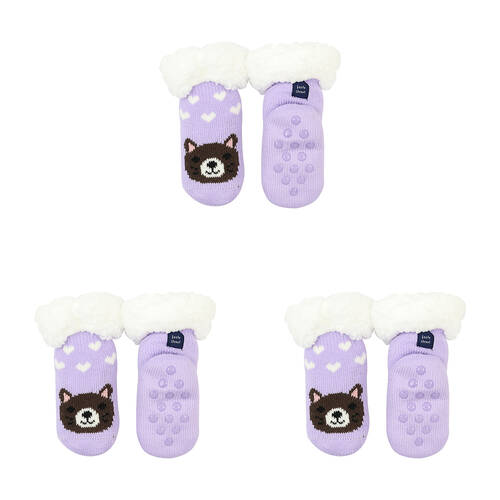 3PK Foote Street Slipper Socks For Kids - Cozy Knit - Kitten Purple - 12M-24M