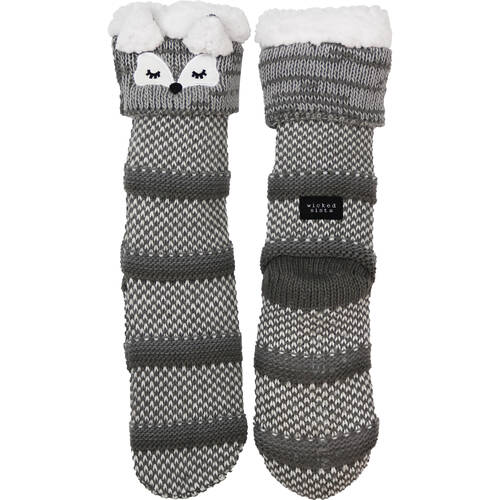 Wicked Sista Animal Slipper Socks Fox Cuff One Size - Grey