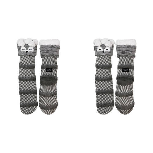 2PK Wicked Sista Animal Slipper Socks Fox Cuff One Size - Grey