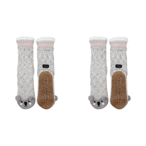 2PK Wicked Sista Animal Slipper Socks Koala One Size - Grey