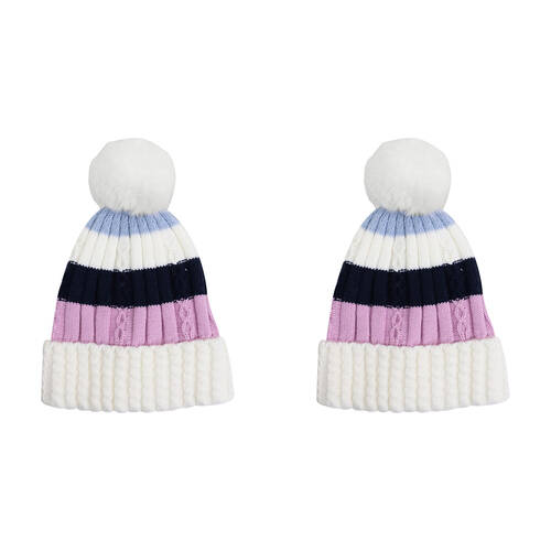 2PK Wicked Sista Acrylic Stripe Beanie w/ Pom Pom One Size Winter Hat