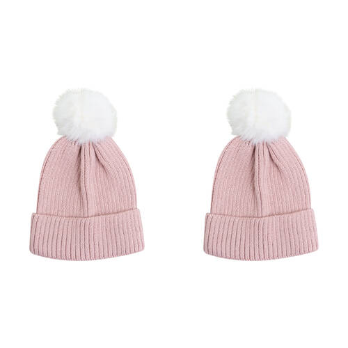 2PK Wicked Sista Acrylic Ribbed Knit Beanie w/ Pom Pom One Size - Dusty Pink