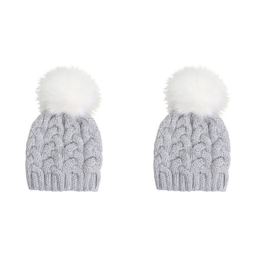 2PK Wicked Sista Acrylic Braided Beanie w/ Pom Pom One Size - Grey