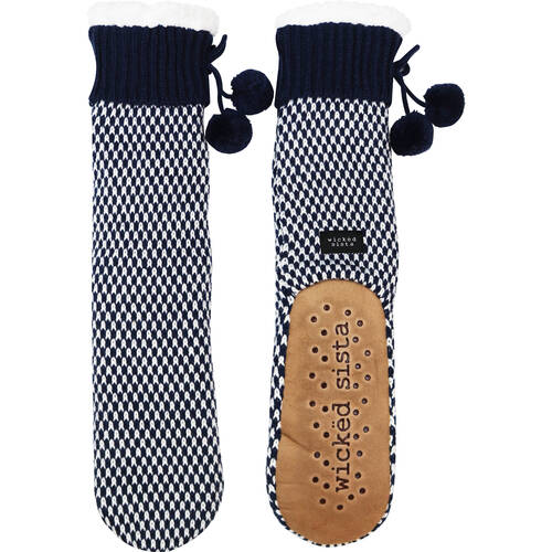 Wicked Sista Slipper Socks Knit Non-Slip One Size - Navy/White