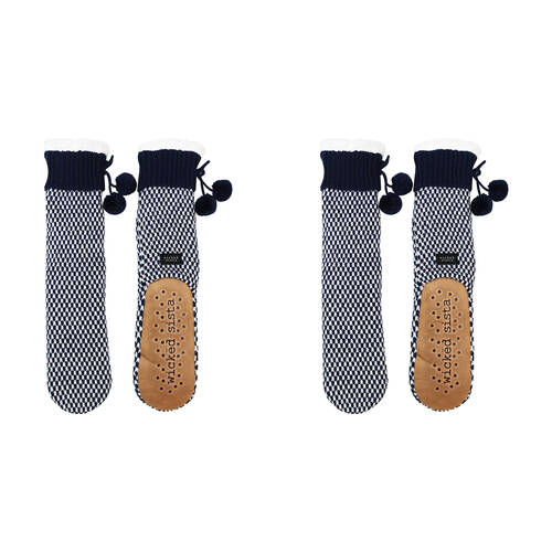 2PK Wicked Sista Slipper Socks Knit Non-Slip One Size - Navy/White