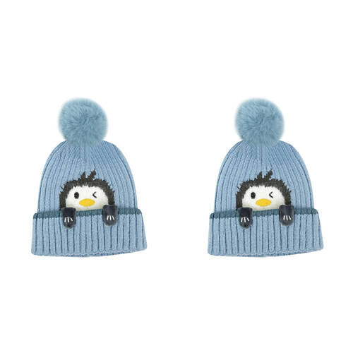 2PK Foote Street Penguin Beanie For Toddlers Winter Cap - Blue - 8M-2Y
