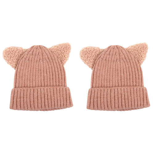 2PK Foote Street Kitty Beanie For Toddler Winter Cap - Dusty Pink - 8M-2Y