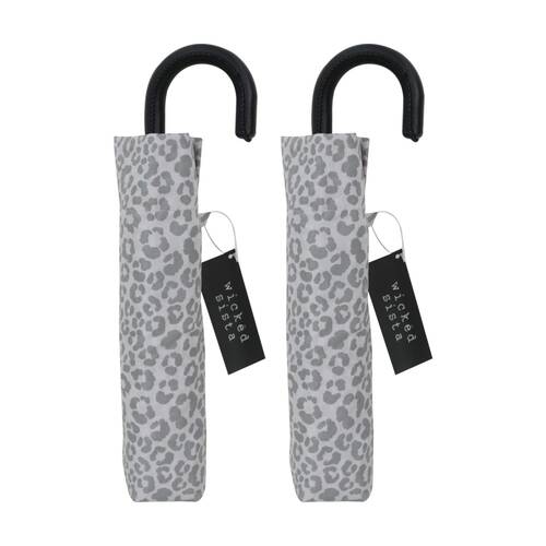 2PK Wicked Sista Compact Umbrella Manual Opening Watercolour Leopard - Grey