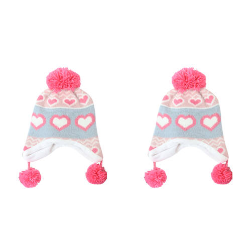 2PK Foote Street Unisex Love Heart Beanie w/ Pom Pom For Kids S/M Multi 3Y-6Y
