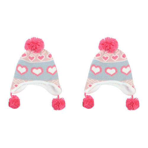 2PK Foote Street Unisex Love Heart Beanie w/ Pom Pom For Kids M/L Multi 7Y-10Y