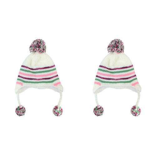 2PK Foote Street Unisex Multi Stripe Beanie w/ Pom Pom For Kids M/L Multi 7Y-10Y