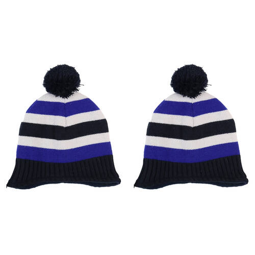 2PK Foote Street Unisex Multi Stripe Beanie w/ Pom Pom Kids M/L Blue 7Y-10Y