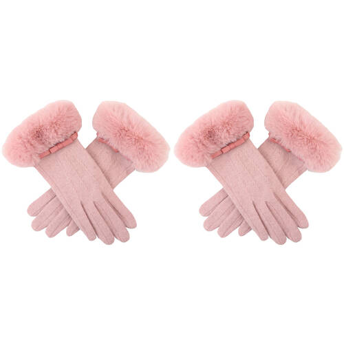 2PK Wicked Sista Amelia Faux Fur Cuff w/ Bow Gloves One Size - Pink