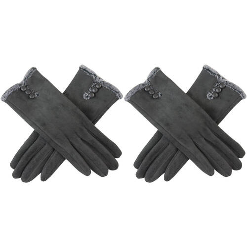 2PK Wicked Sista Audrey Faux Fur & Buttons Trim Gloves One Size - Grey
