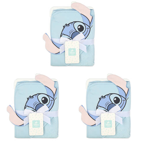 3PK Disney Stitch Baby/Kids Cotton Character Hooded Towel 76x76cm - Blue