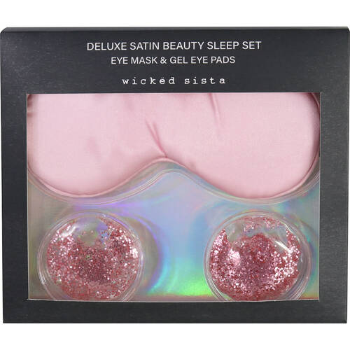 Wicked Sista Deluxe Satin Beauty Sleep Mask & Gel Pads Set - Pink
