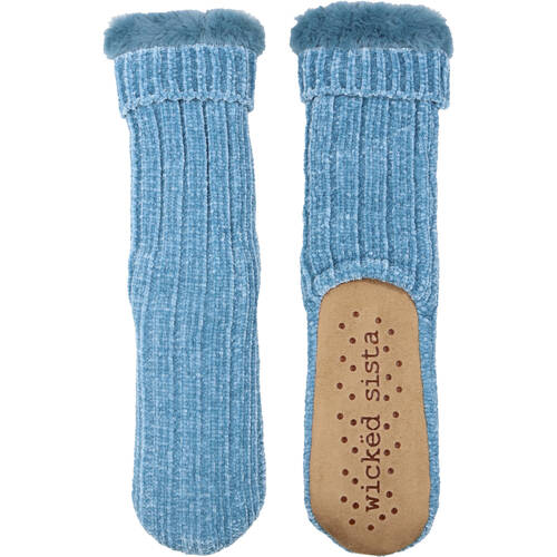 Wicked Sista Slipper Socks Chenille Rib Knit Non-Slip One Size - Blue