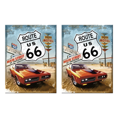 2PK Nostalgic Art Fridge Rectangle Magnet Route 66 Red Car 6x8cm