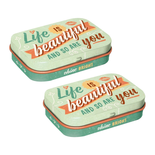 2PK Nostalgic Art 4x6cm Mint Box Metal Tin Life Is Beautiful and So Are You