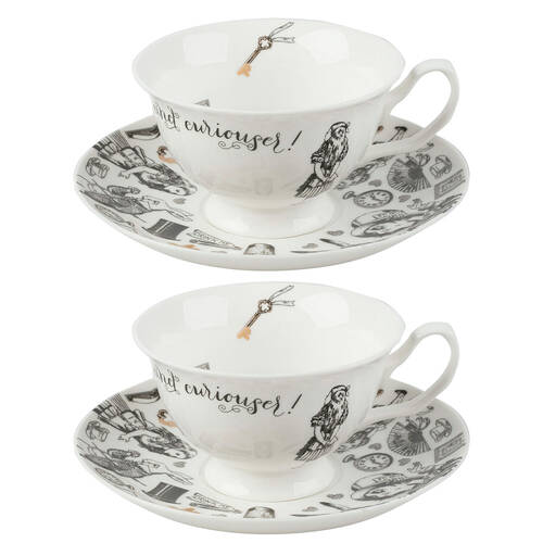 2PK Mikasa x V & A Alice In Wonderland Tea Cup and Saucer Set White/Black