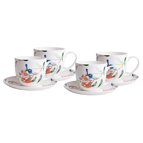 4pc Ashdene Blue Wren & Eucalyptus Cup & Saucer Set