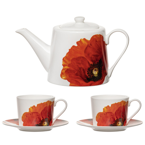 5pc Ashdene Red Poppies Tea Set w/ Teapot/2x Cup/Saucer