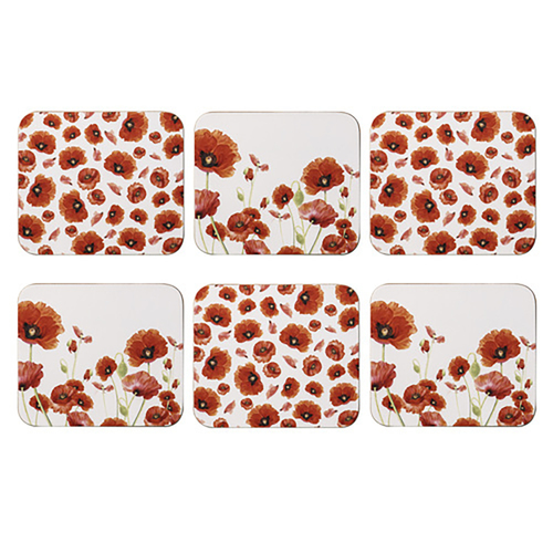 6PK Ashdene Red Poppies 11x9.5cm Square Cork Coaster