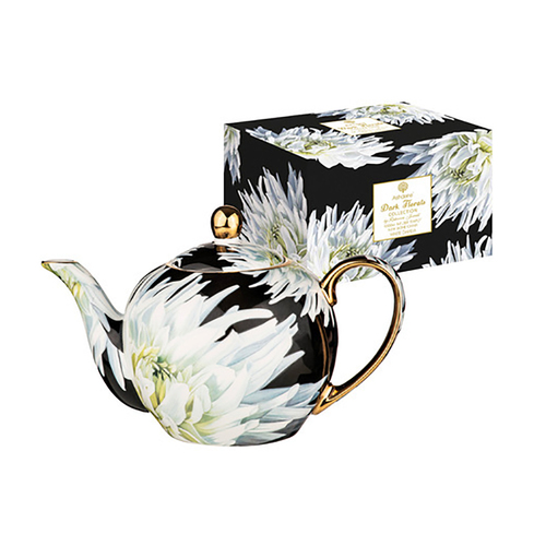 Ashdene Dark Florals White Dahlia 1100ml Teapot w/ Stainless Steel Infuser