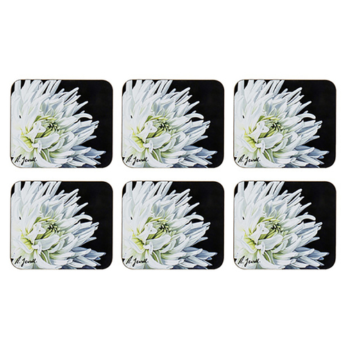 6pc Ashdene Dark Florals White Dahlia Drink Coasters Surface Protectors